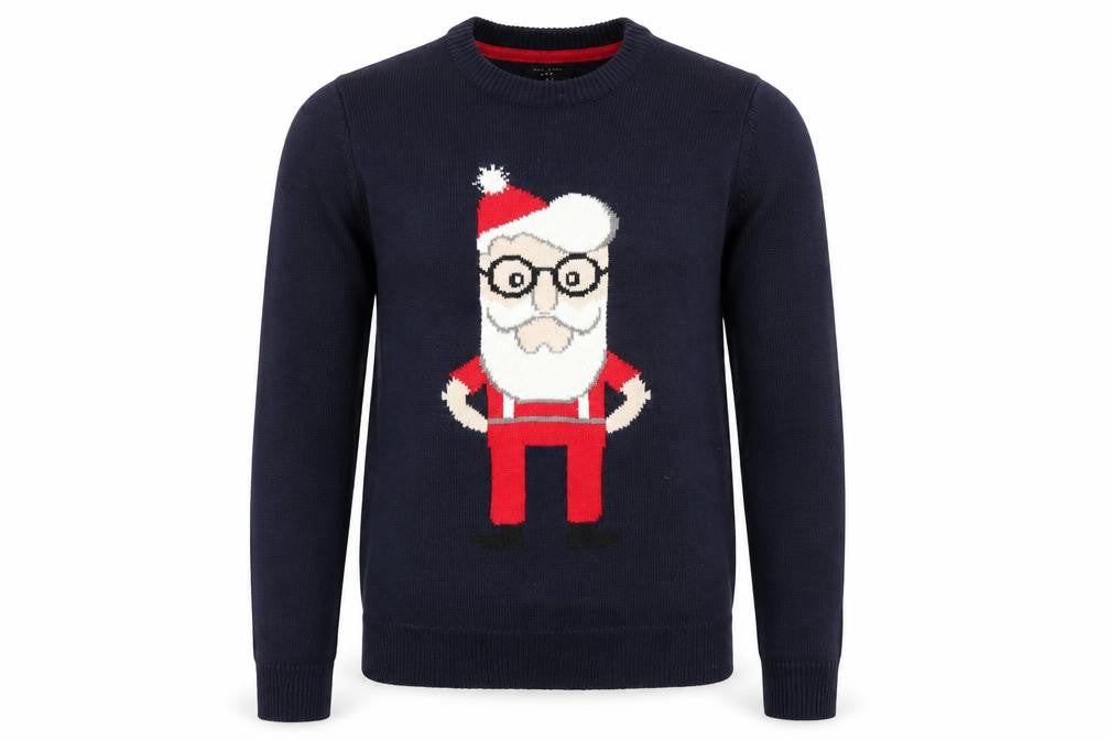 Front view of New Look men’s blue crew neck acrylic jumper, size S