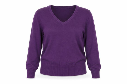 Front view of MK women’s purple v-neck cotton jumper, size UK 12