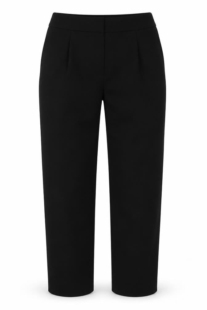 Front view of New Look women’s black polyester trousers, size UK 8, 25.5-inch leg regular hook & eye