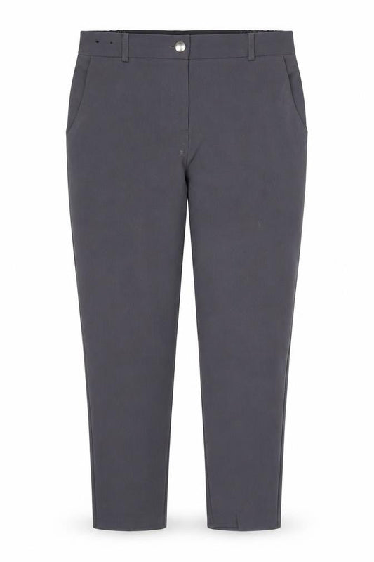 Front view of Anna Rose women’s grey polyester trousers, size UK 12, 27-inch leg regular button