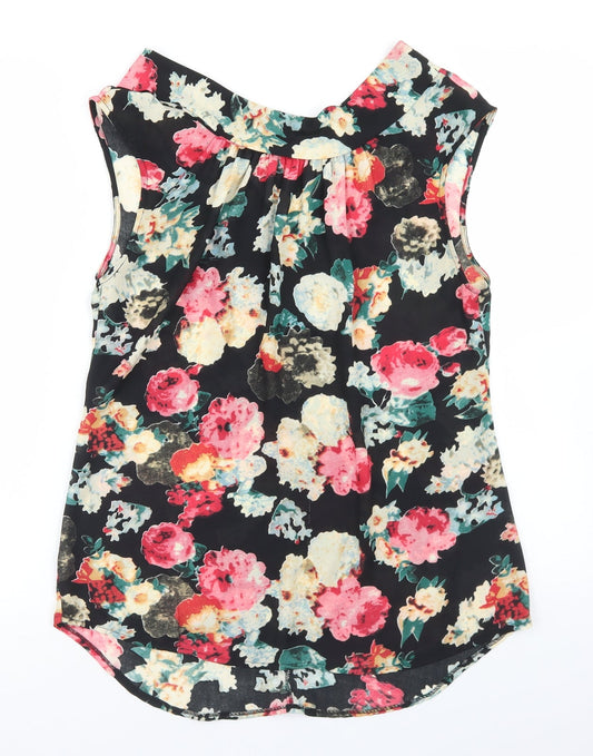 Amber Womens Black Floral Polyester Basic Blouse Size M Round Neck - Plunge Back