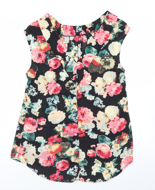 Amber Womens Black Floral Polyester Basic Blouse Size M Round Neck - Plunge Back