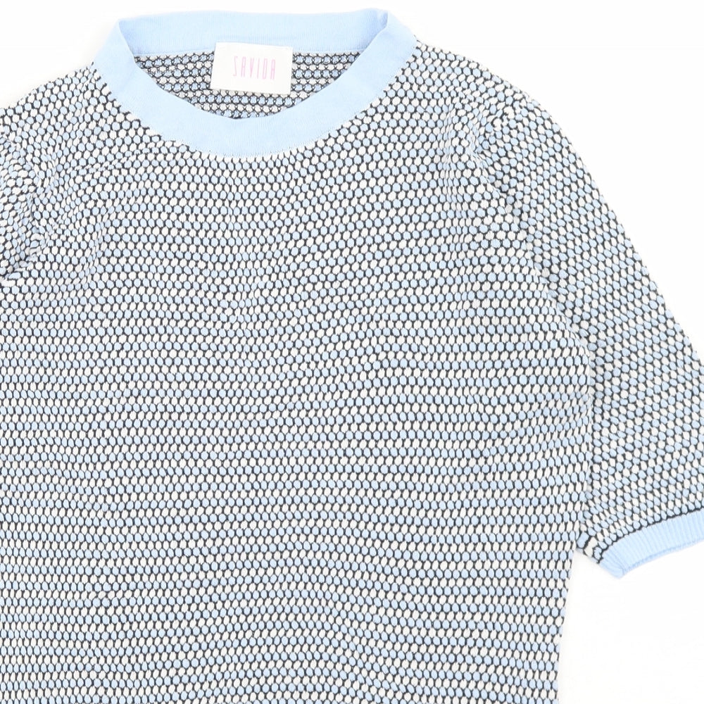 Savida Womens Blue Polka Dot Viscose Basic T-Shirt Size M Round Neck