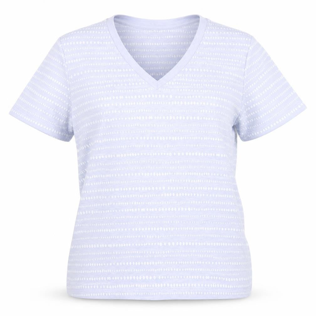 Front view of Marks & Spencer women’s purple polka dot cotton basic t-shirt, size UK 6, v-neck