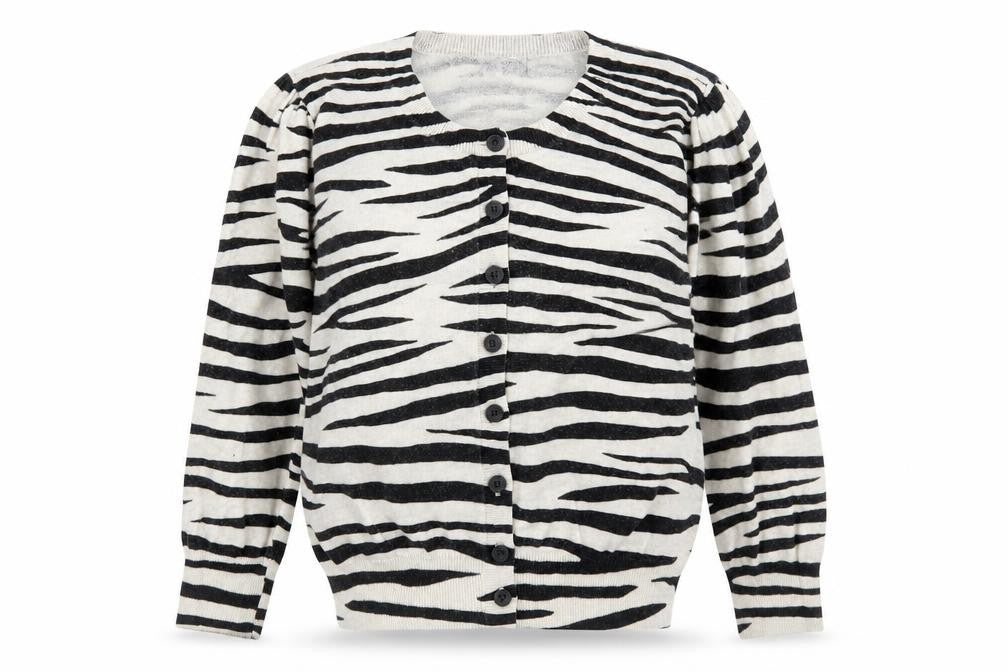 Front view of Dorothy Perkins women’s beige round neck animal print cotton cardigan jumper, size UK 8