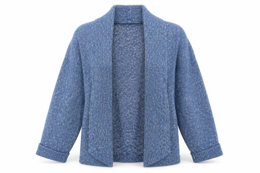 Front view of M&Co women’s blue collared acrylic cardigan jumper, size UK 14