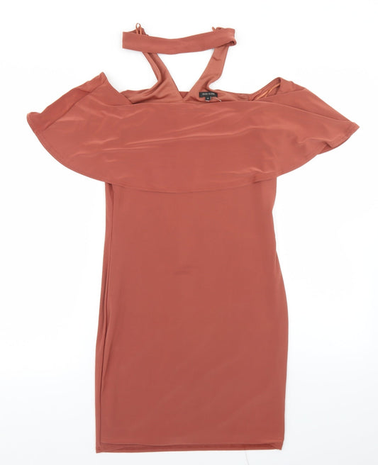 River Island Womens Beige  Polyester Bodycon  Size 10  Round Neck Button