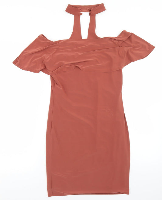 River Island Womens Beige  Polyester Bodycon  Size 10  Round Neck Button