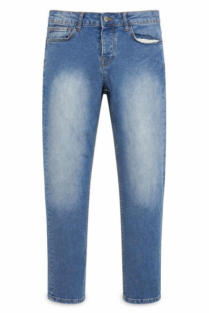 Front view of Denim Co men’s blue cotton skinny jeans, size 30, in, 28-inch leg regular button