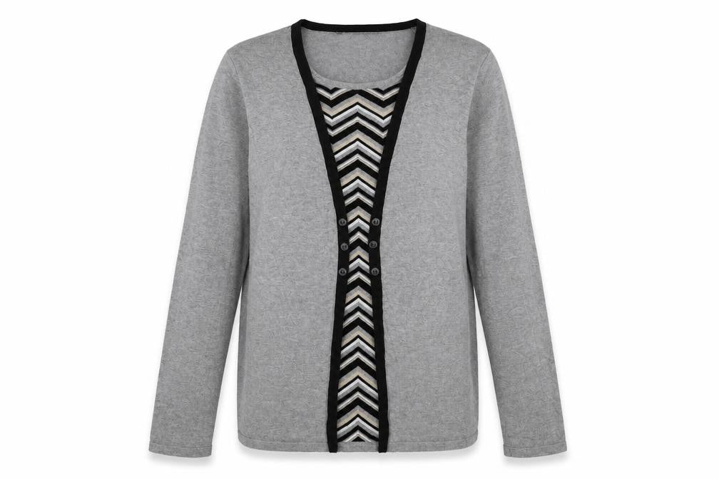 Front view of Love Knitwear women’s grey square neck geometric viscose jumper, size UK 12
