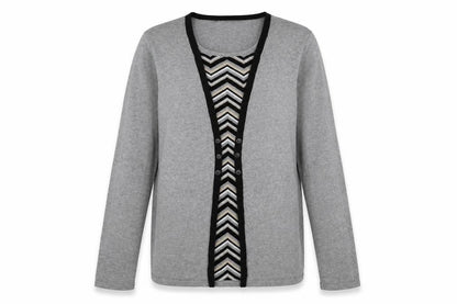 Front view of Love Knitwear women’s grey square neck geometric viscose jumper, size UK 12