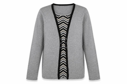 Front view of Love Knitwear women’s grey square neck geometric viscose jumper, size UK 12