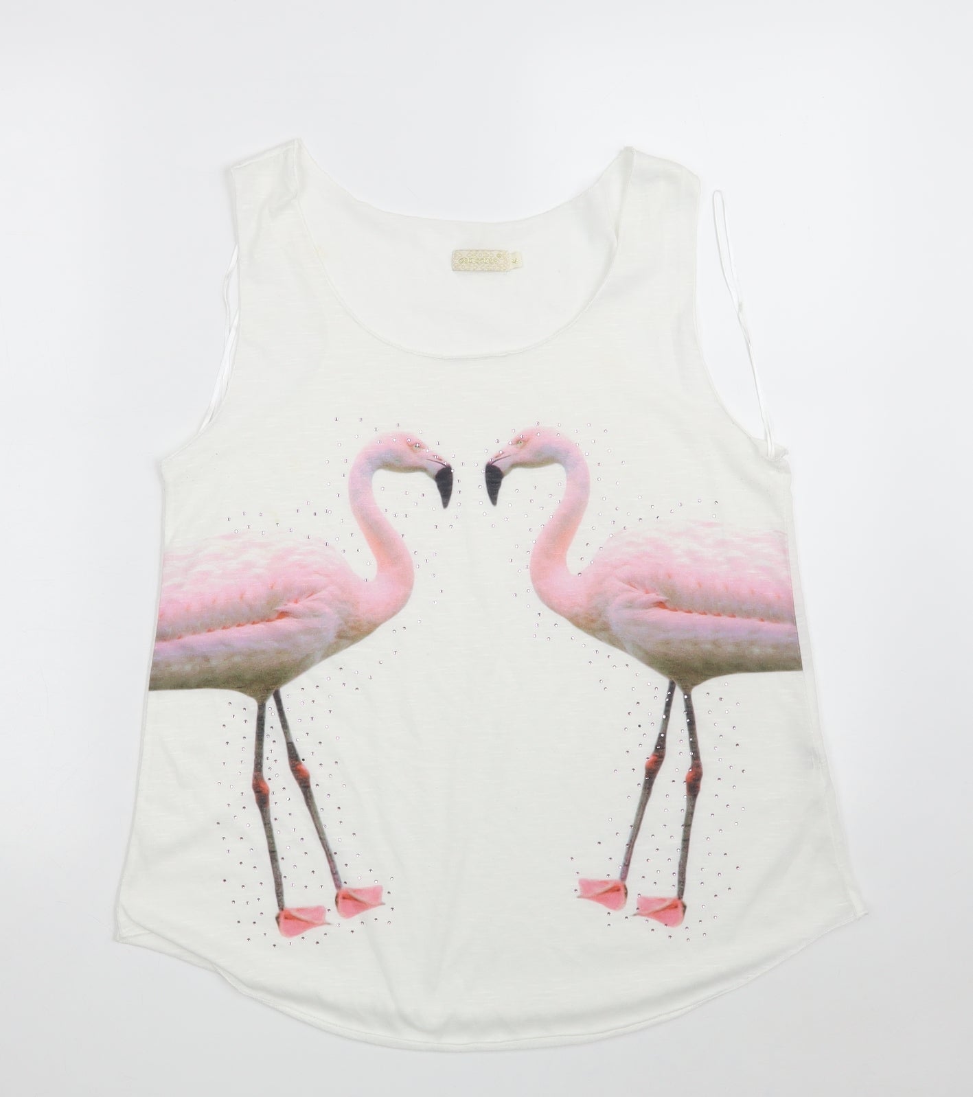 QED London Womens White Animal Print Polyester Basic Blouse Size M Round Neck - Flamingo