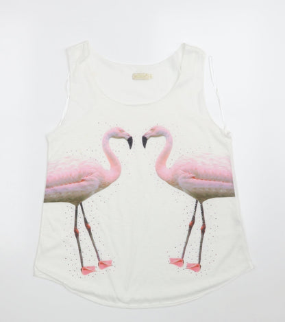 QED London Womens White Animal Print Polyester Basic Blouse Size M Round Neck - Flamingo