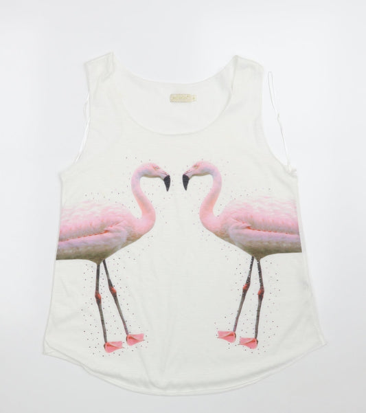 QED London Womens White Animal Print Polyester Basic Blouse Size M Round Neck - Flamingo