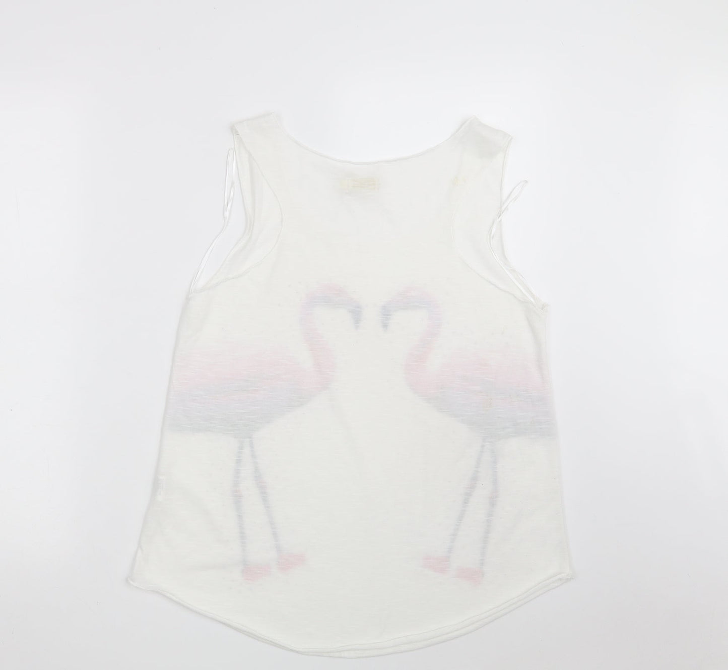 QED London Womens White Animal Print Polyester Basic Blouse Size M Round Neck - Flamingo