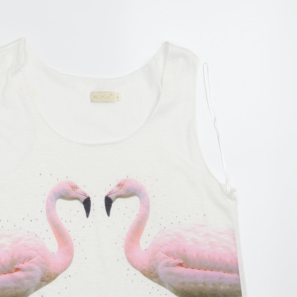 QED London Womens White Animal Print Polyester Basic Blouse Size M Round Neck - Flamingo