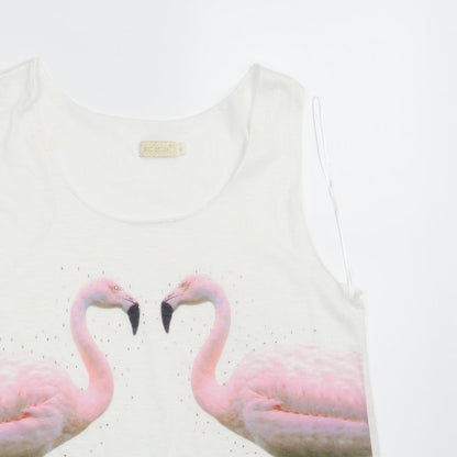 QED London Womens White Animal Print Polyester Basic Blouse Size M Round Neck - Flamingo