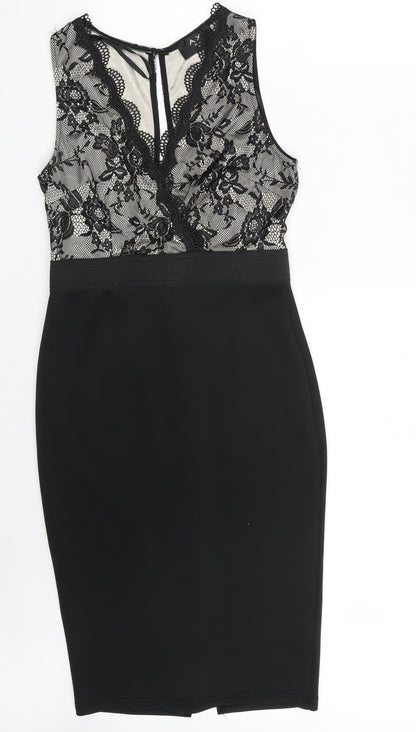 AX Paris Womens Black Floral Polyester Bodycon  Size 10  V-Neck Zip