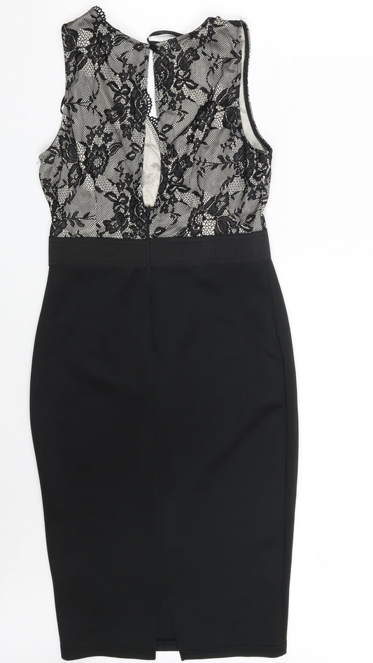 AX Paris Womens Black Floral Polyester Bodycon  Size 10  V-Neck Zip