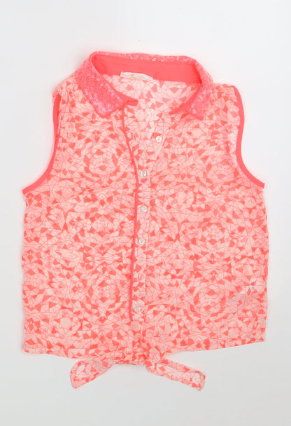 Front view of BHS girls’ pink geometric polyester basic button-up, size 10-11, years collared button