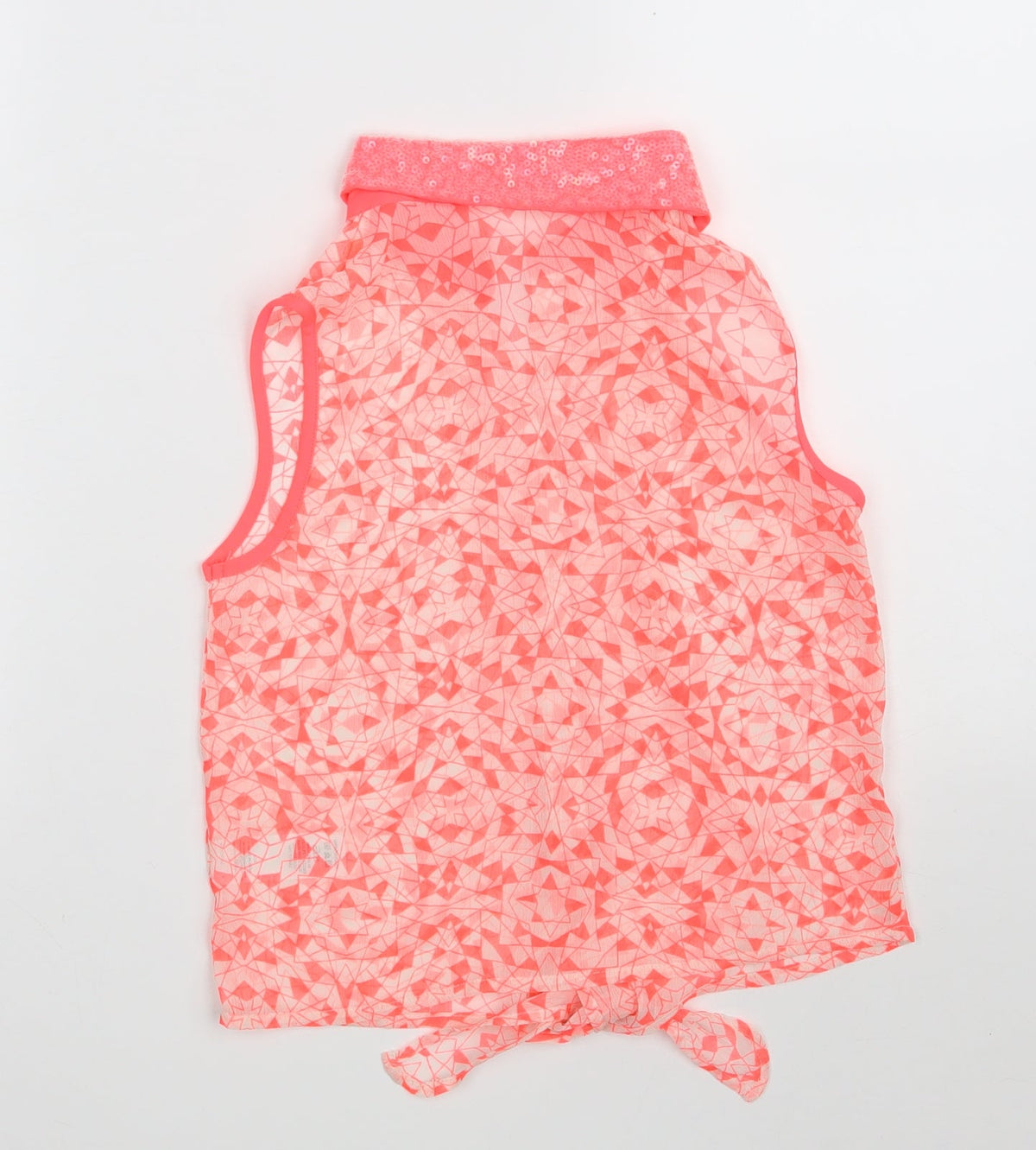 Back view of BHS girls’ pink geometric polyester basic button-up, size 10-11, years collared button