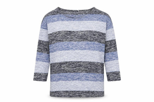 Front view of Tu women’s blue round neck striped polyester jumper, size UK 10