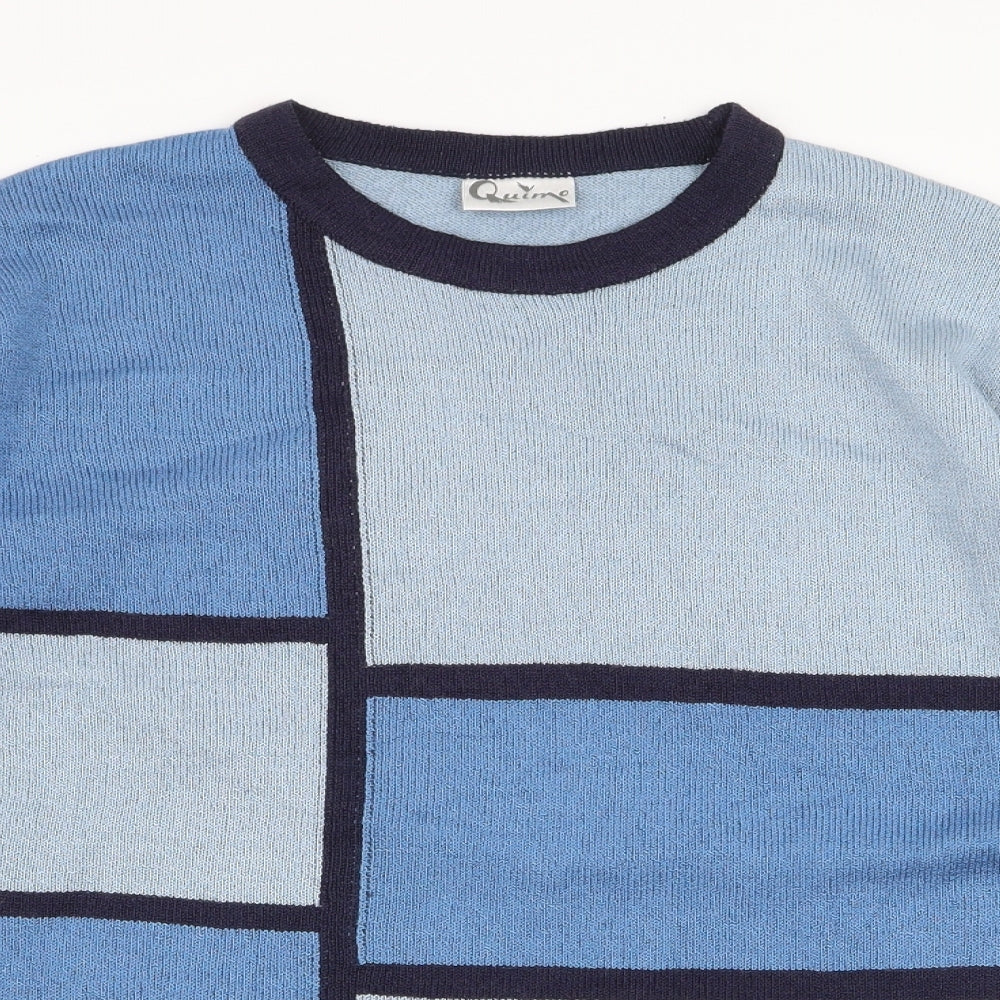 Close-up detail of Quime women’s blue round neck striped wool jumper, size UK 16