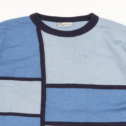 Close-up detail of Quime women’s blue round neck striped wool jumper, size UK 16