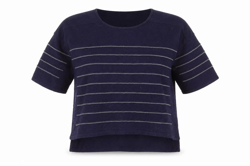 Front view of Marie Sixtine women’s blue round neck striped cotton jumper, size XS