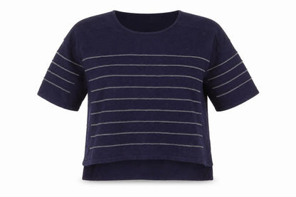 Front view of Marie Sixtine women’s blue round neck striped cotton jumper, size XS