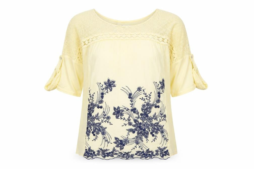Front view of Gerard women’s yellow floral 100% cotton jersey blouse, size S, round neck