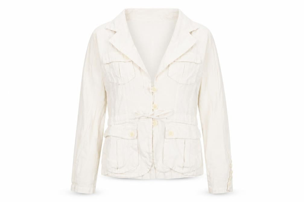 Front view of E Studios women’s ivory jacket, size M, button