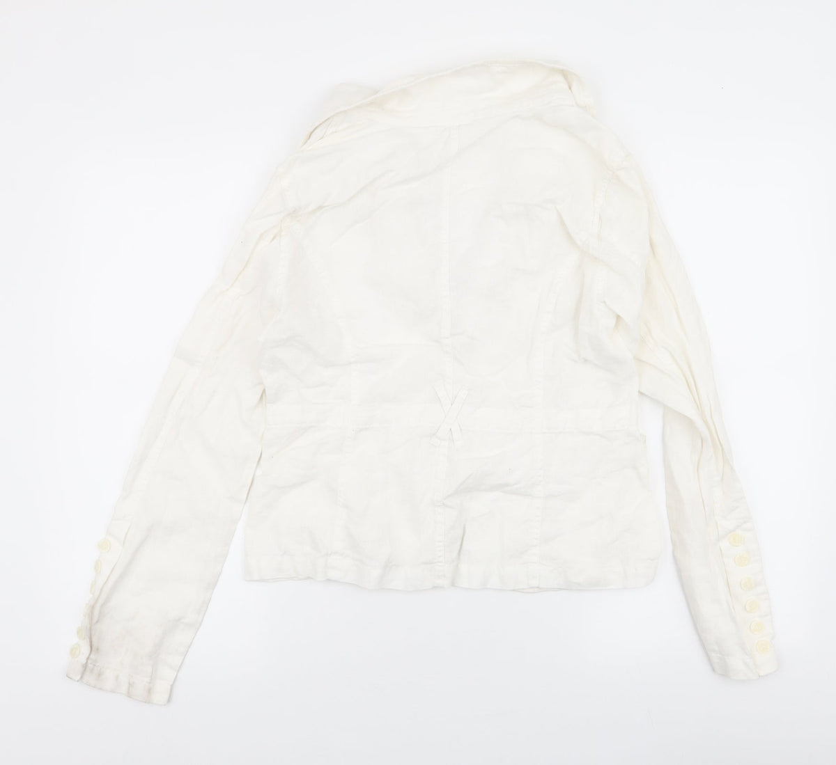 Back view of E Studios women’s ivory jacket, size M, button