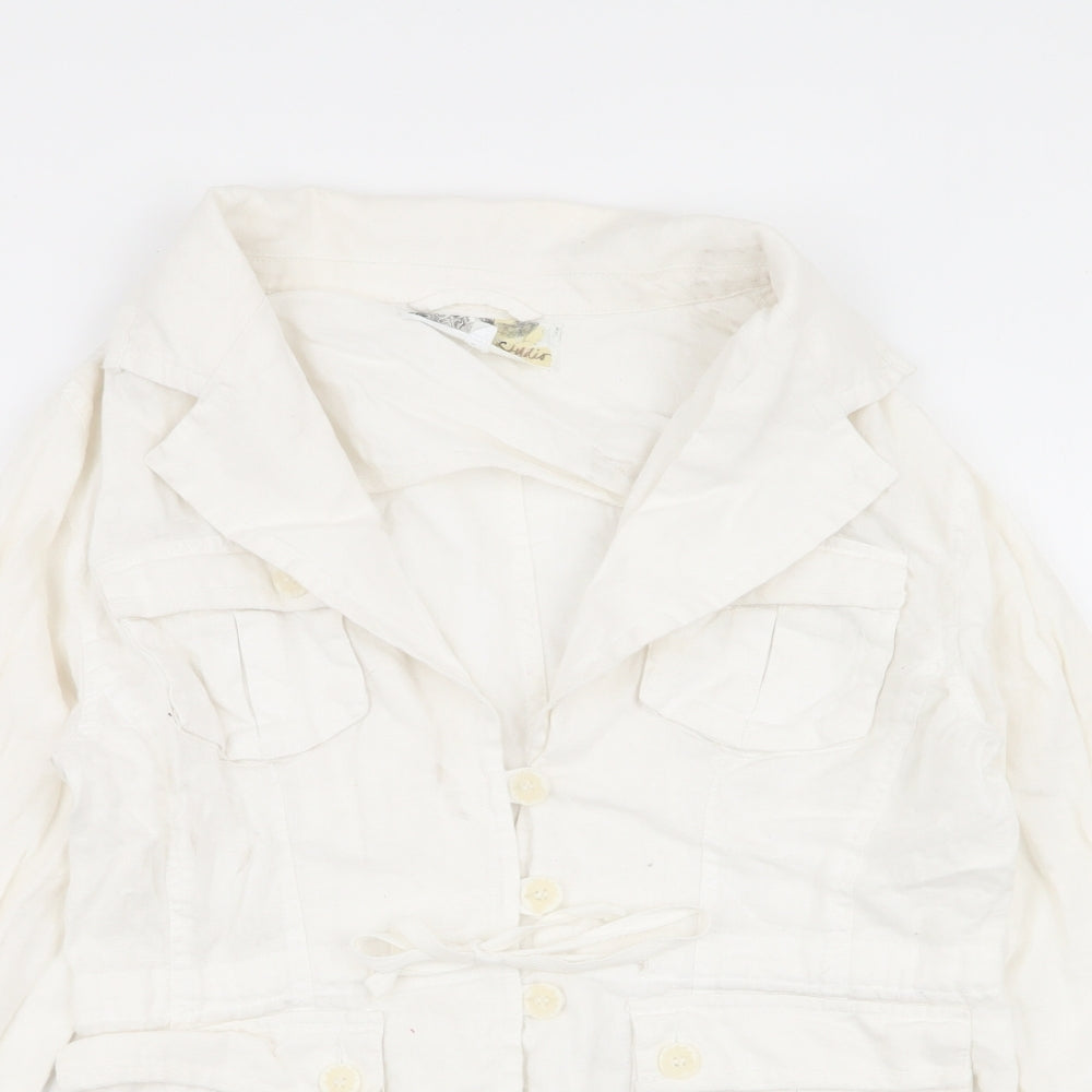 Close-up detail of E Studios women’s ivory jacket, size M, button