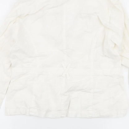 Brand and care label for E Studios women’s ivory jacket, size M, button