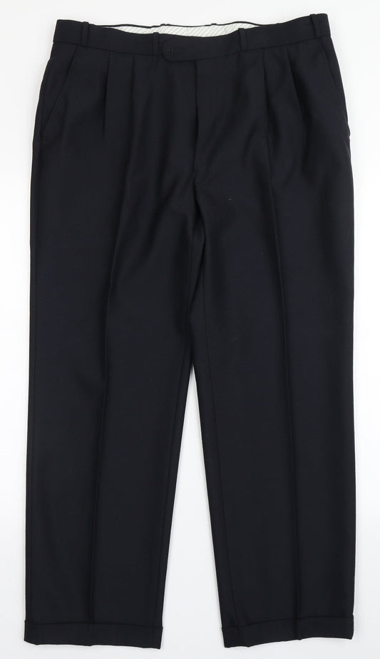 Douglas Mens Blue  Polyester Dress Pants Trousers Size 38 L28 in Regular Button - Short Leg