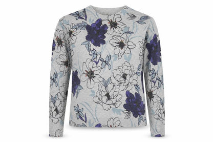 Front view of Marks & Spencer women’s grey round neck floral acrylic jumper, size UK 8