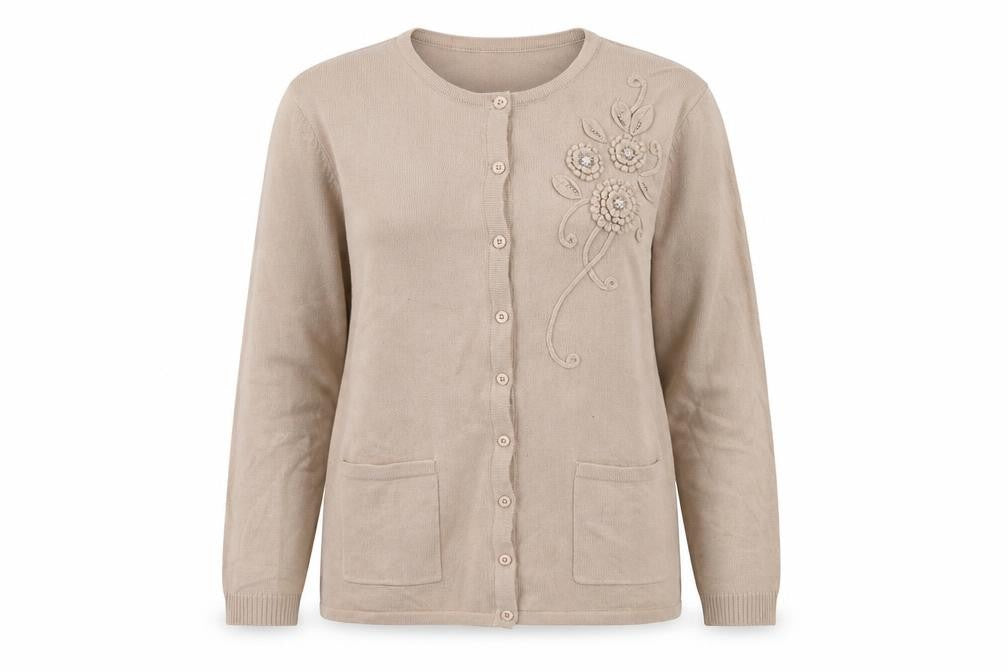Front view of Reflect women’s beige round neck acrylic cardigan jumper, size M