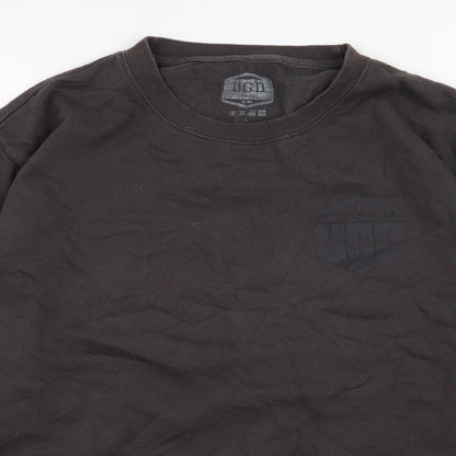 Close-up detail of UGD men’s grey cotton pullover sweatshirt, size L