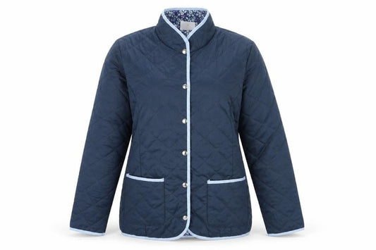 Front view of Nathalie Andersen women’s blue argyle/diamond jacket, size UK 14, snap