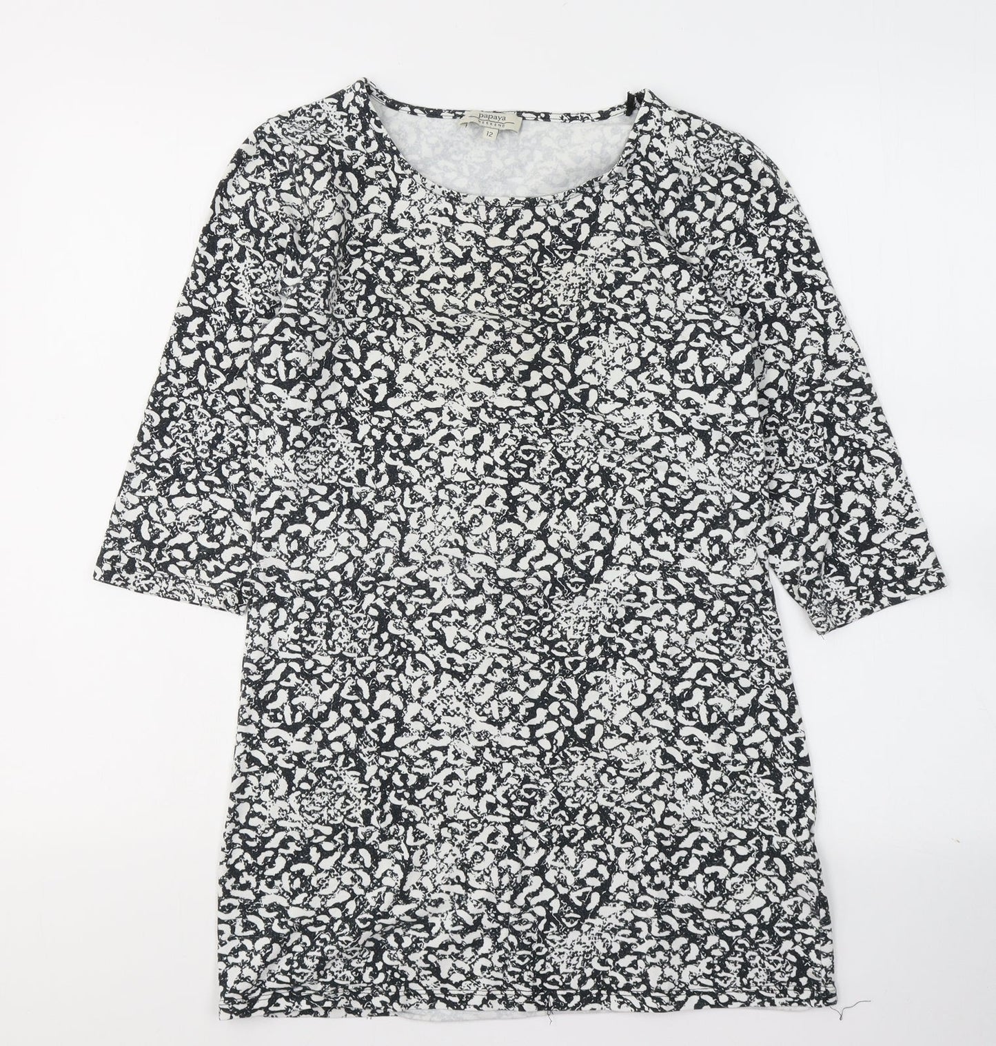 Papaya Womens Black Geometric Cotton Basic Blouse Size 12 Round Neck