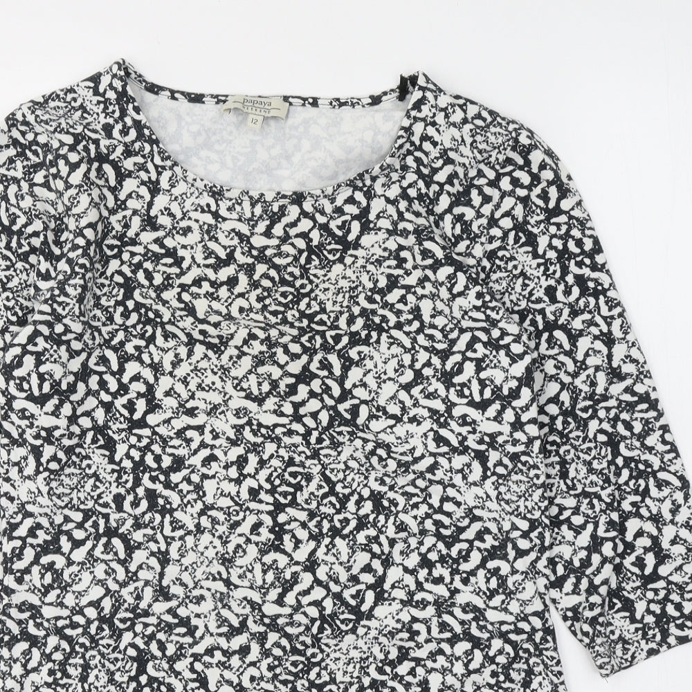 Papaya Womens Black Geometric Cotton Basic Blouse Size 12 Round Neck