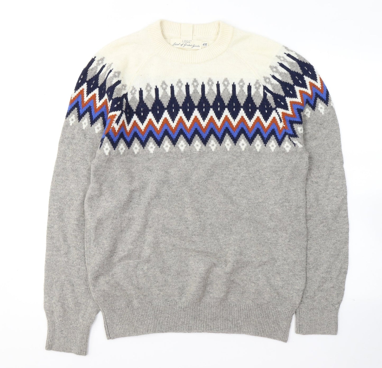 Lodge Mens Grey Round Neck Geometric Polyamide Pullover Jumper Size S