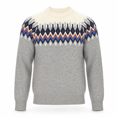 Front view of Lodge men’s grey round neck geometric polyamide jumper, size S