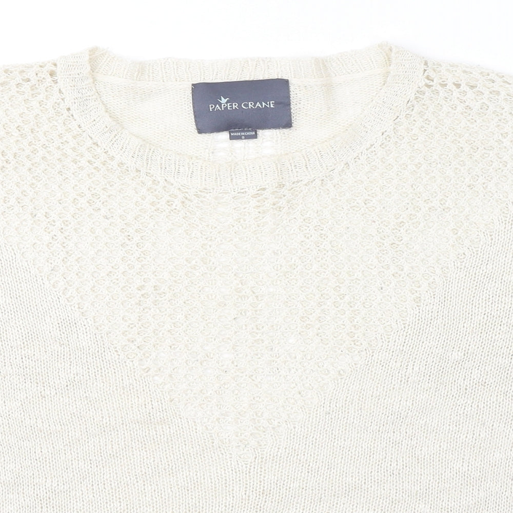 Close-up detail of Paper Crane women’s ivory v-neck polyester jumper, size S