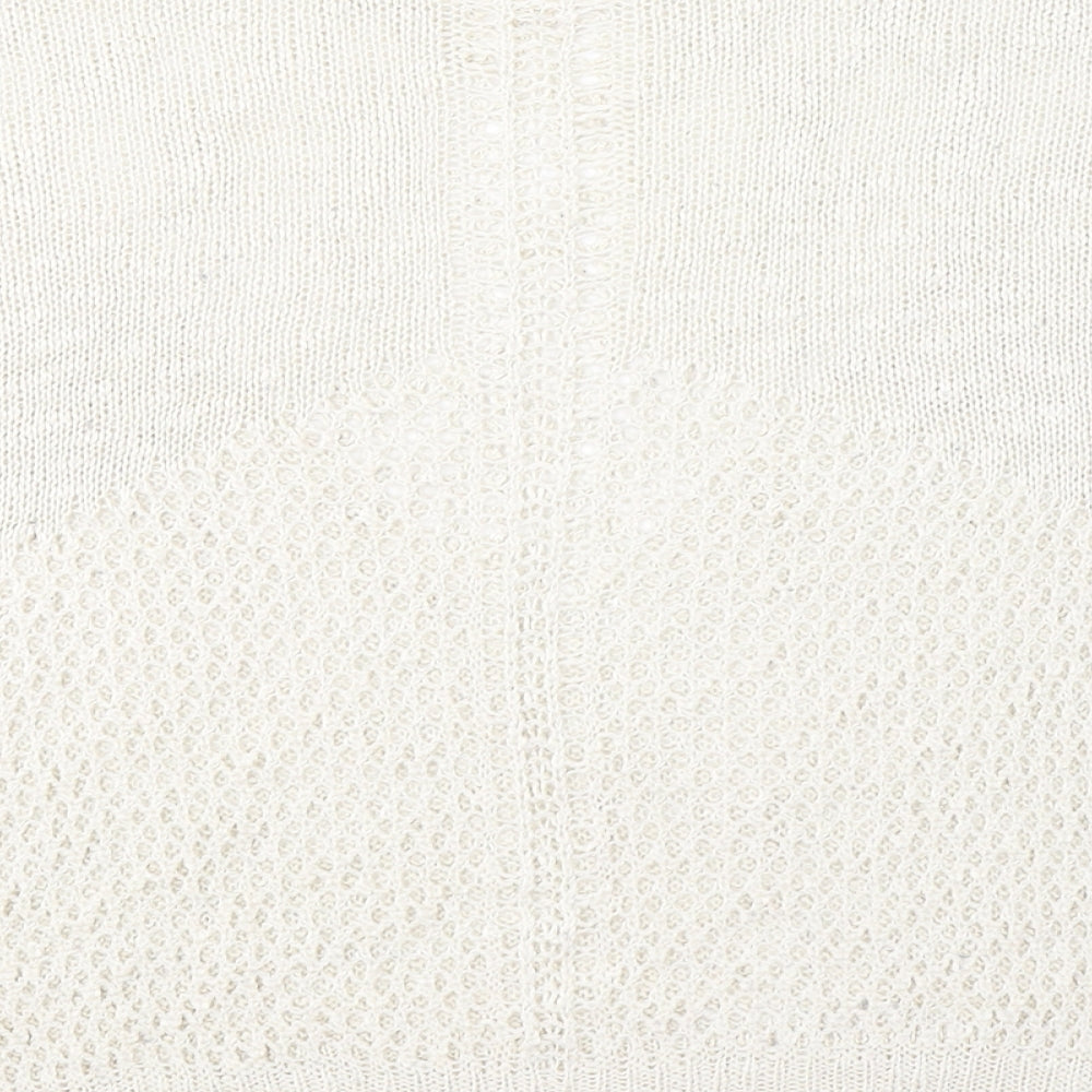 Brand and care label for Paper Crane women’s ivory v-neck polyester jumper, size S
