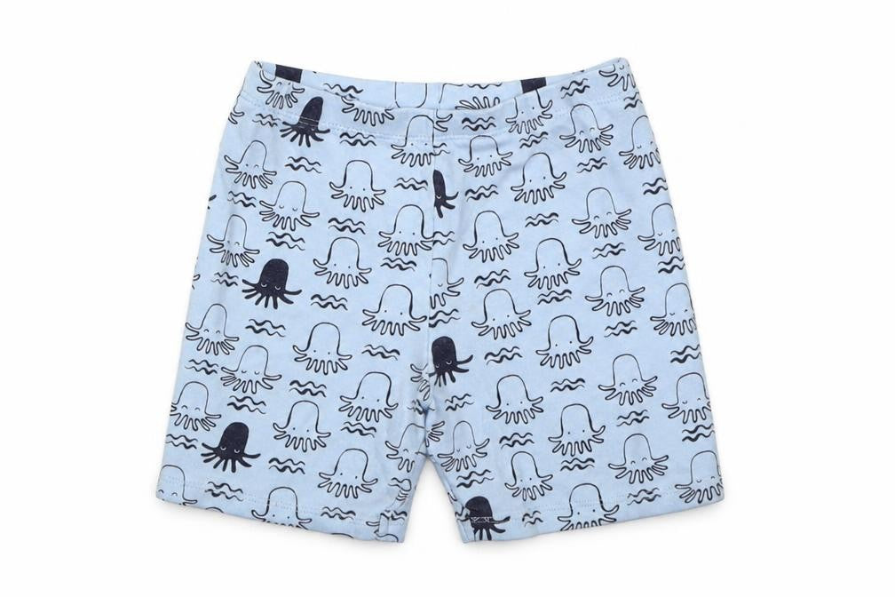 Front view of F&F boys’ blue geometric cotton cropped trousers, size 18-24, months pullover