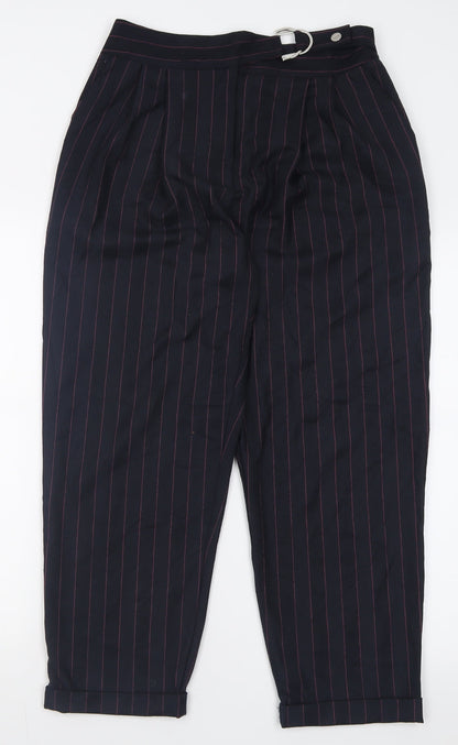 Topshop Womens Black Striped Polyester Trousers  Size 10 L28 in Regular Hook & Eye
