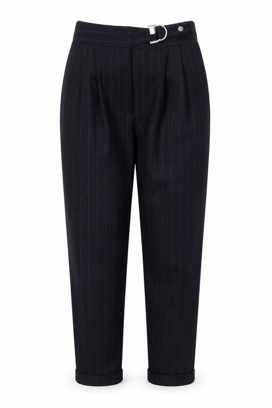 Front view of Topshop women’s black striped polyester trousers, size UK 10, 28-inch leg regular hook & eye